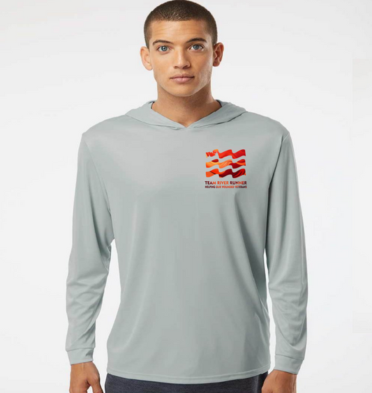 wearing a gray long-sleeve TRR Hells canyon 2025 shirt