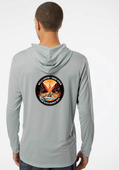 Person wearing a gray TRR hoodie with Hells Canyon 2025 on the back