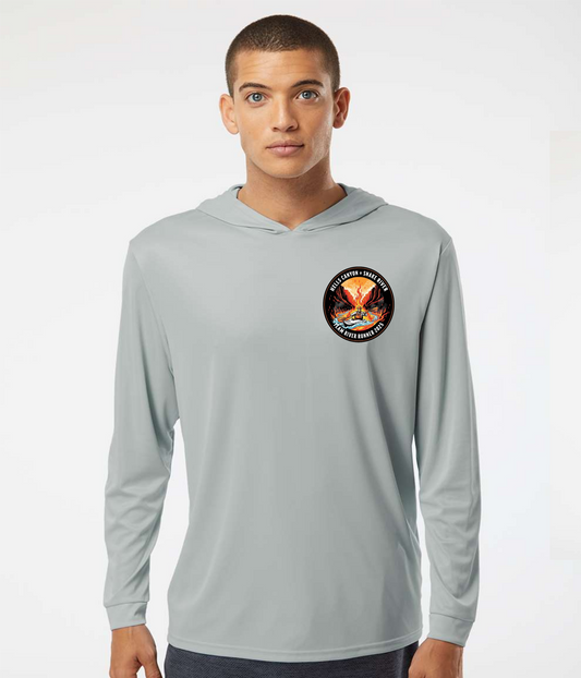 Gray TRR Hells Canyon hoodie with front and back designs 