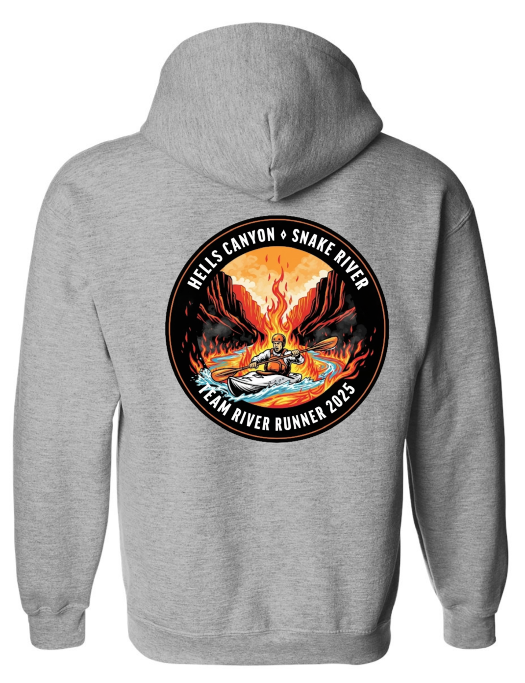 Gray hoodie with TRR Hells canyon 2025 front and back designs 